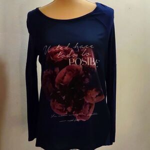 Attention Women's size M  Top Navy Pink Rose‎ Spanish English Long Sleeve